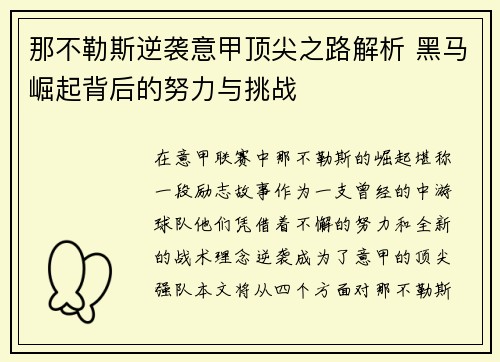那不勒斯逆袭意甲顶尖之路解析 黑马崛起背后的努力与挑战