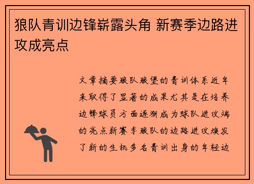 狼队青训边锋崭露头角 新赛季边路进攻成亮点