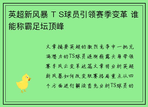 英超新风暴 T S球员引领赛季变革 谁能称霸足坛顶峰